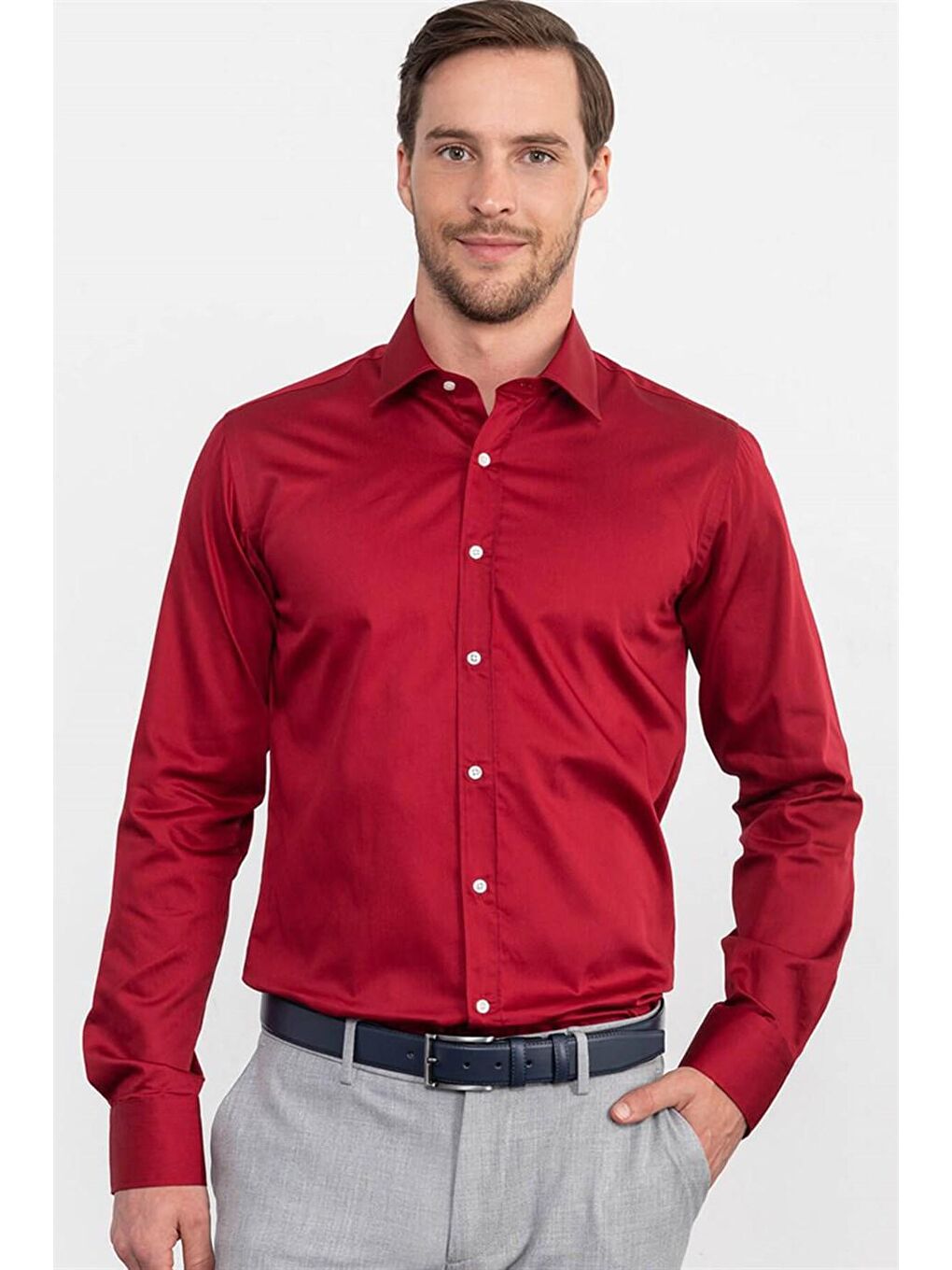Modern Slim Fit Pamuk Saten Erkek Kırmızı Gömlek-1