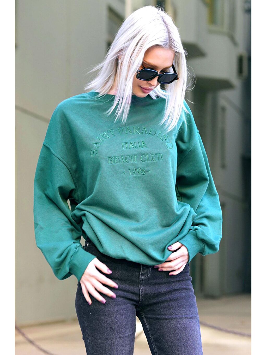 Yeşil Bisiklet Yaka Baskılı Sweatshirt Mg1924