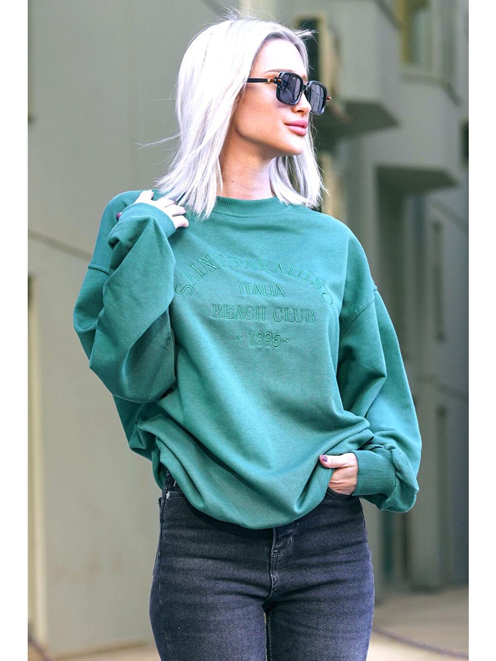 Yeşil Bisiklet Yaka Baskılı Sweatshirt Mg1924-1