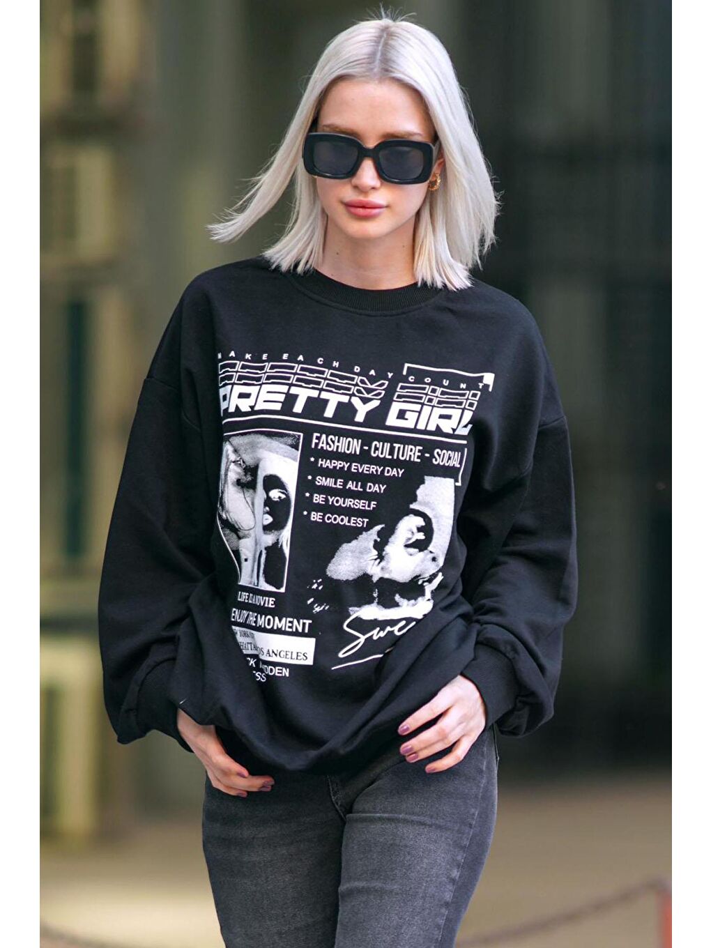 Siyah Baskılı Oversize Kadın Sweatshirt Mg1923