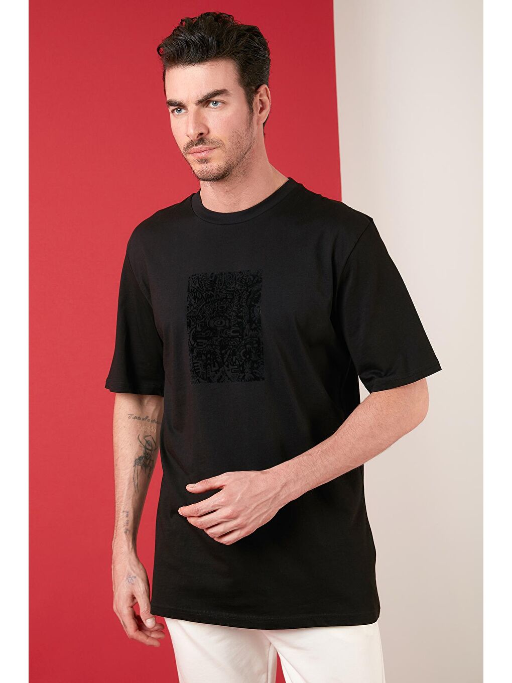 Siyah Pamuklu Oversize Bisiklet Yaka T Shirt 5727400