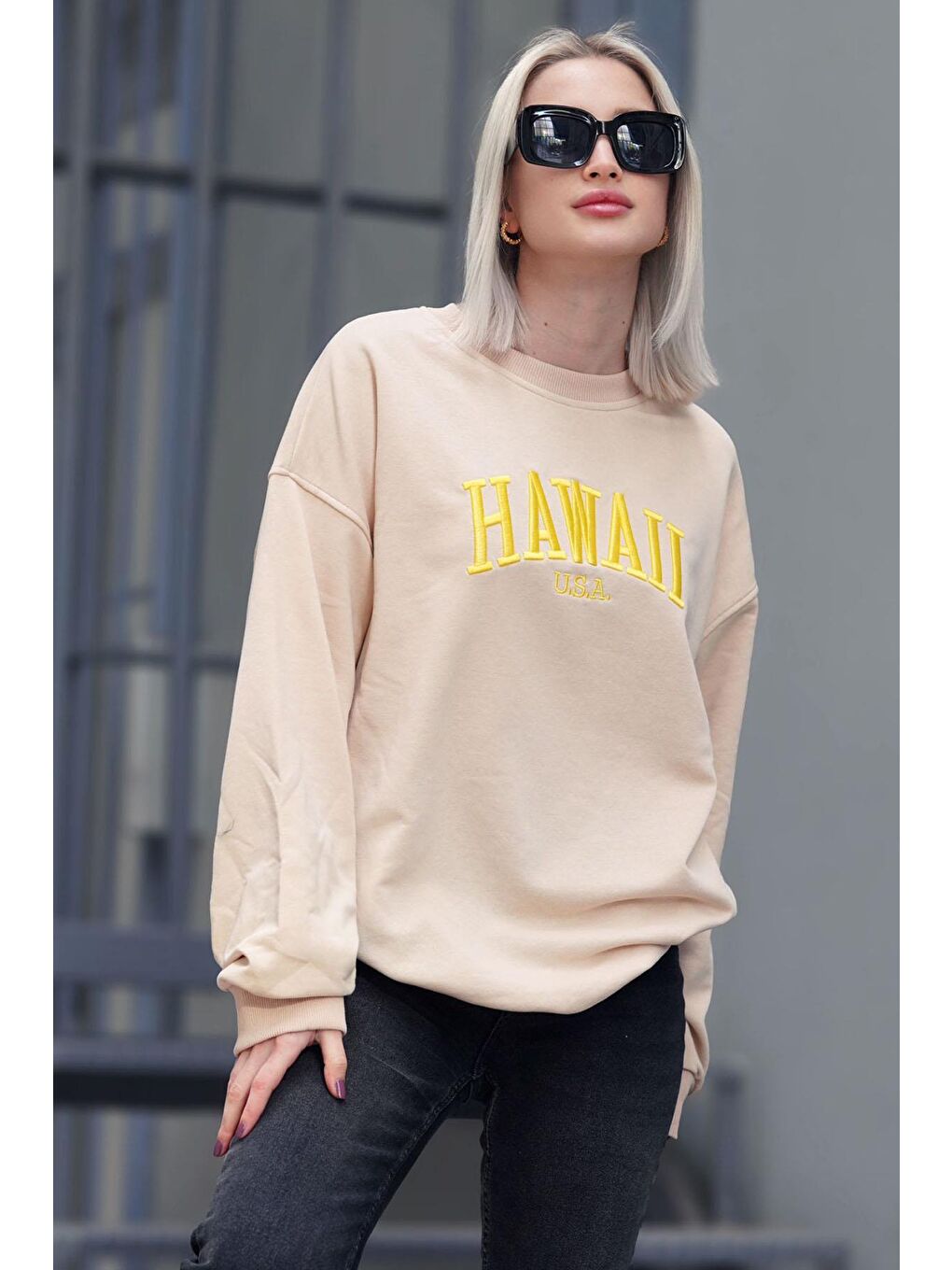 Bej Bisiklet Yaka Baskılı Sweatshirt Mg1922-1