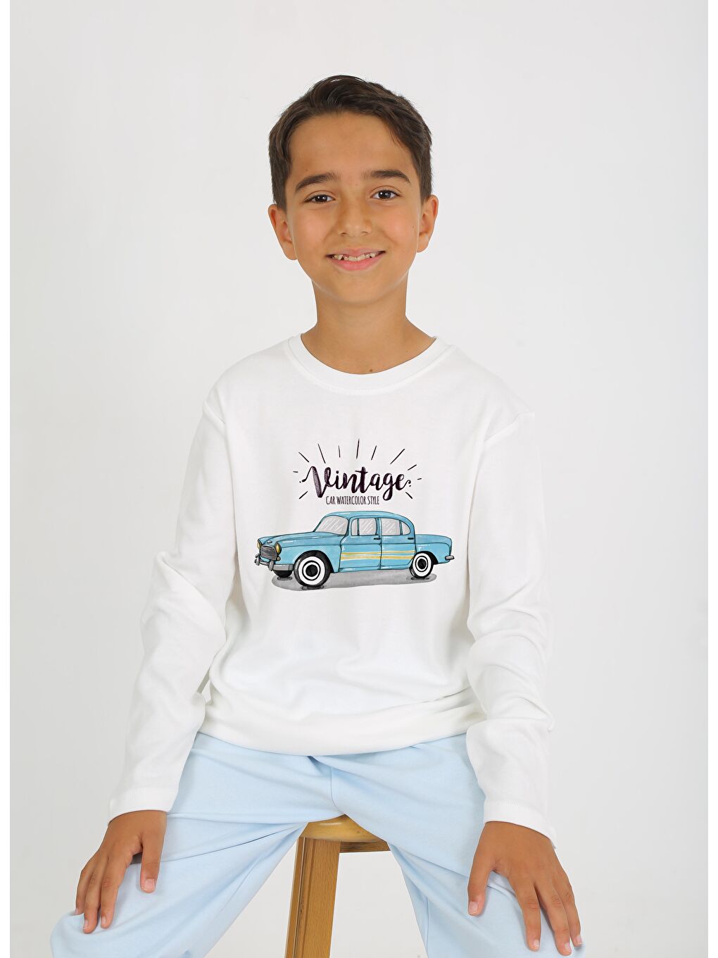 Ekru Bisiklet Yaka Uzun Kollu Erkek Çocuk Pijama Takımı