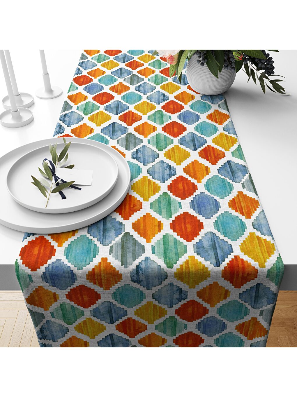 Karışık Geometrik Modern Desenli Kadife Runner  40x140 cm