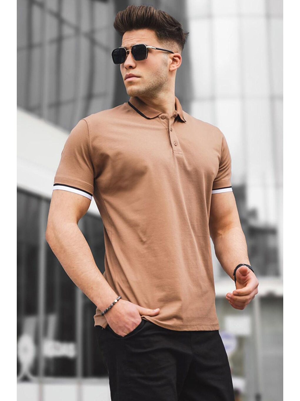 Kahverengi Düz Polo Yaka Erkek Tişört