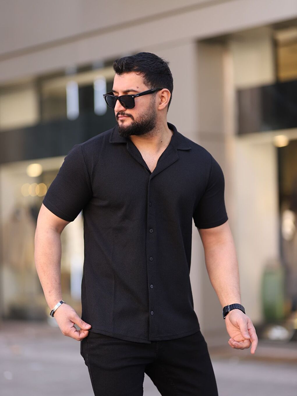 Erkek Siyah Örme Kısa Kollu Erkek Gömlek-1