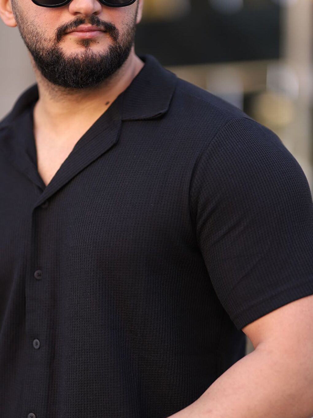 Erkek Siyah Örme Kısa Kollu Erkek Gömlek-2