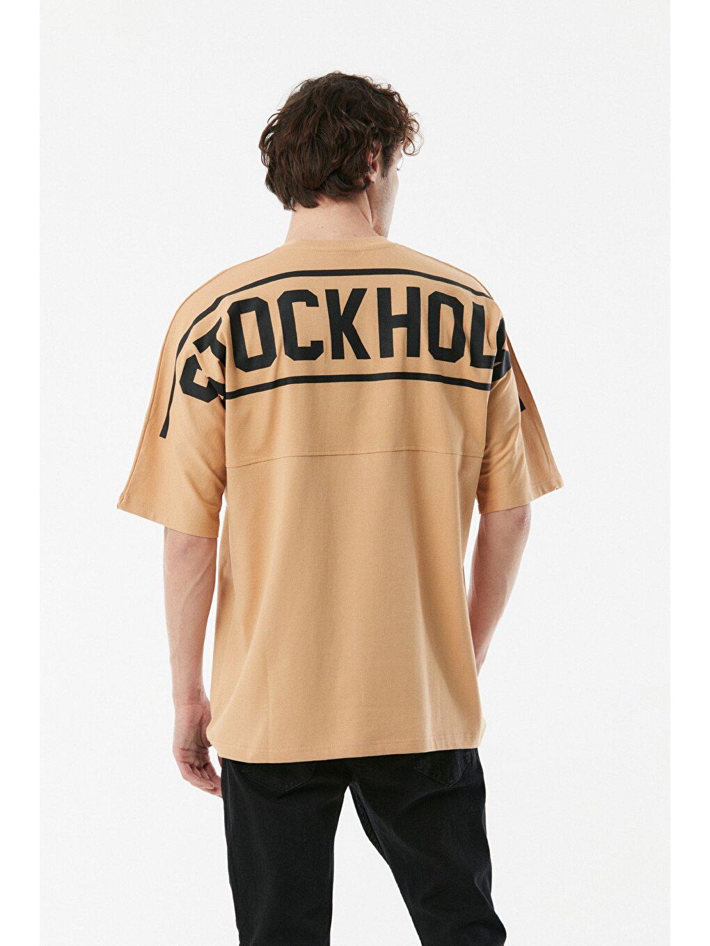 Sarı Baskılı Bisiklet Yaka Oversize Tişört-4