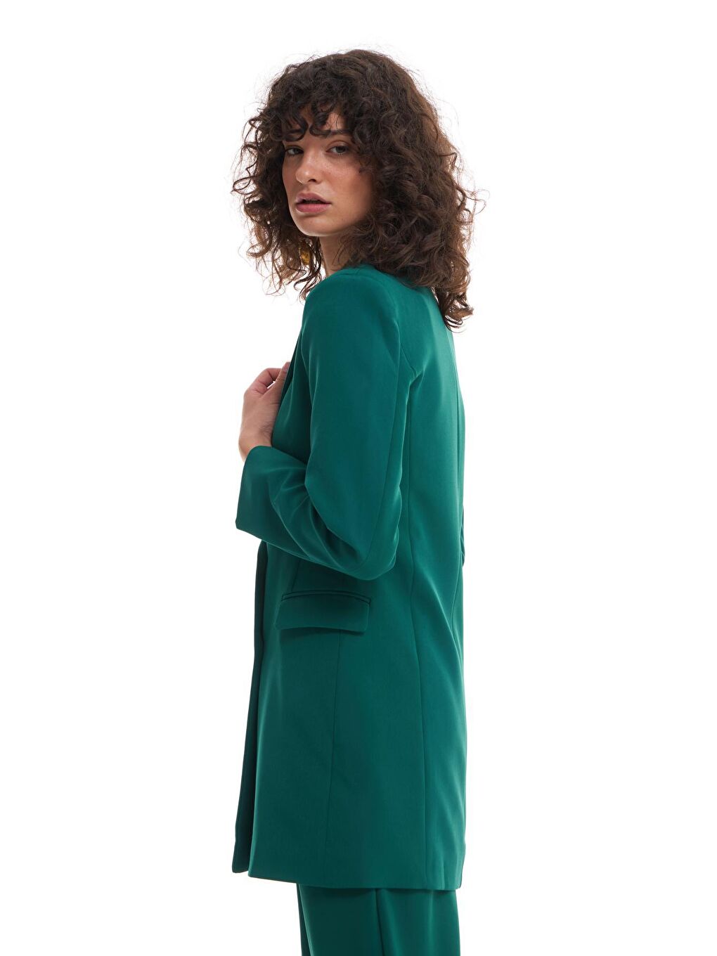 Kruvaze Yaka Ceket Elbise Koyu Yeşil-2