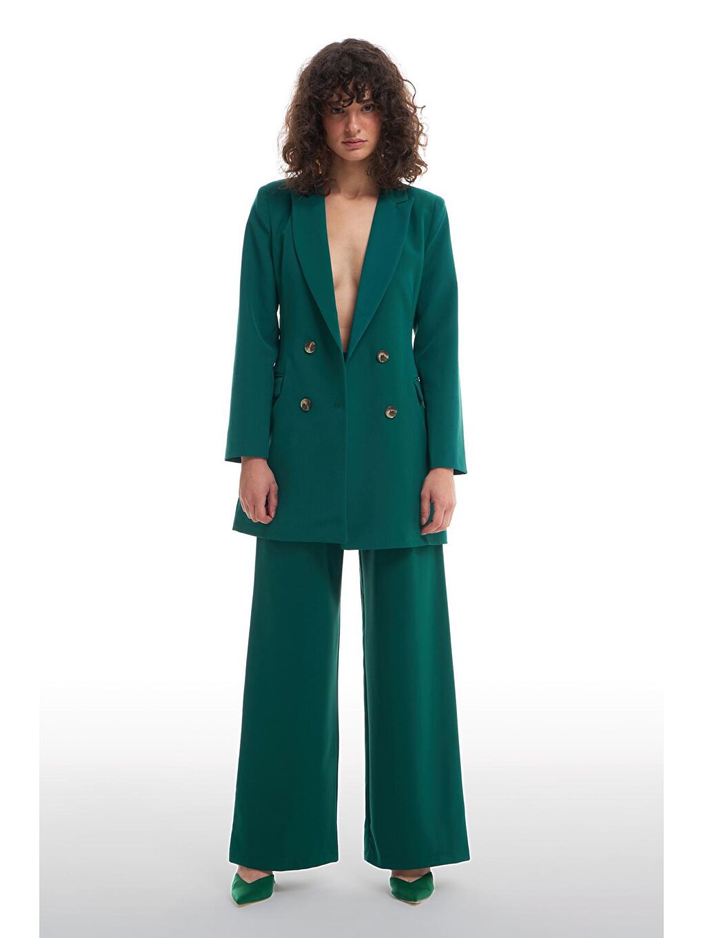 Kruvaze Yaka Ceket Elbise Koyu Yeşil-3