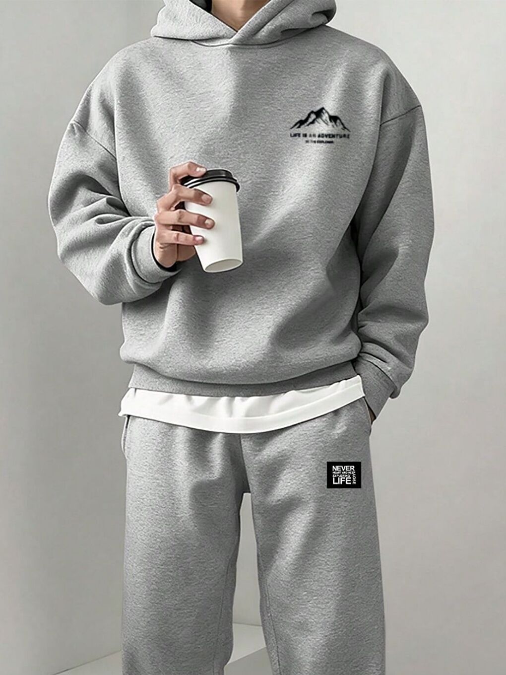 Gri Life is an Adventure Baskılı Oversize Kapüşonlu Sweatshirt Uzun Kollu Hoodie