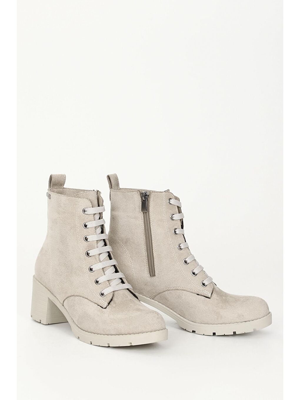 Bej TEN  Topuklu Yuvarlak Burun Bağcıklı Fermuarlı Kadın Günlük Bot 35335