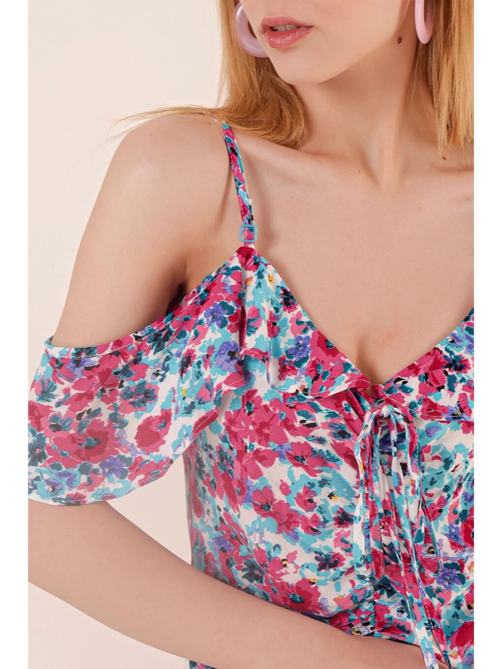 Pembe Askılı Yırtmaçlı Desenli Balık Elbise-3