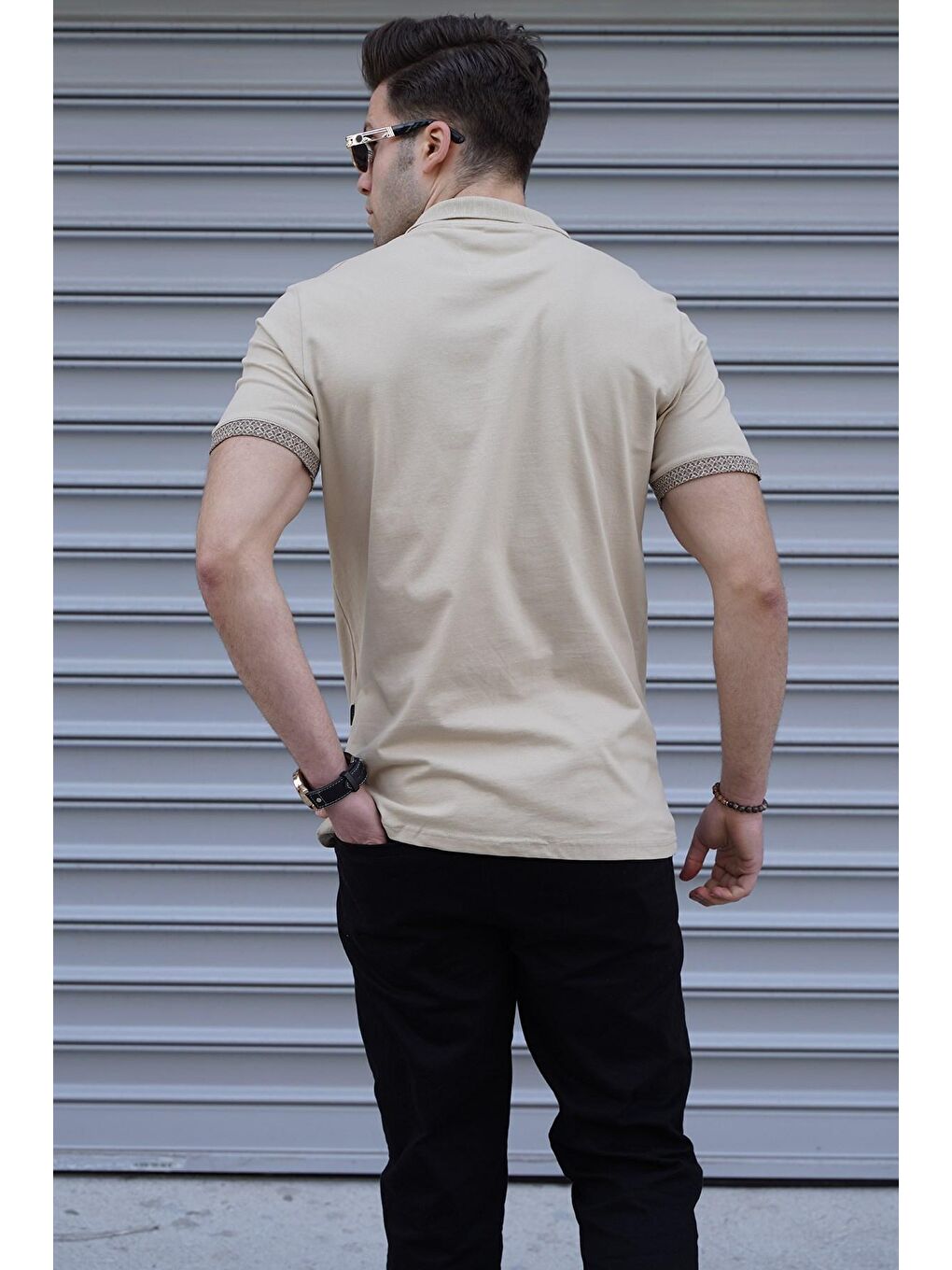 Bej Düz Polo Yaka Erkek Tişört-1
