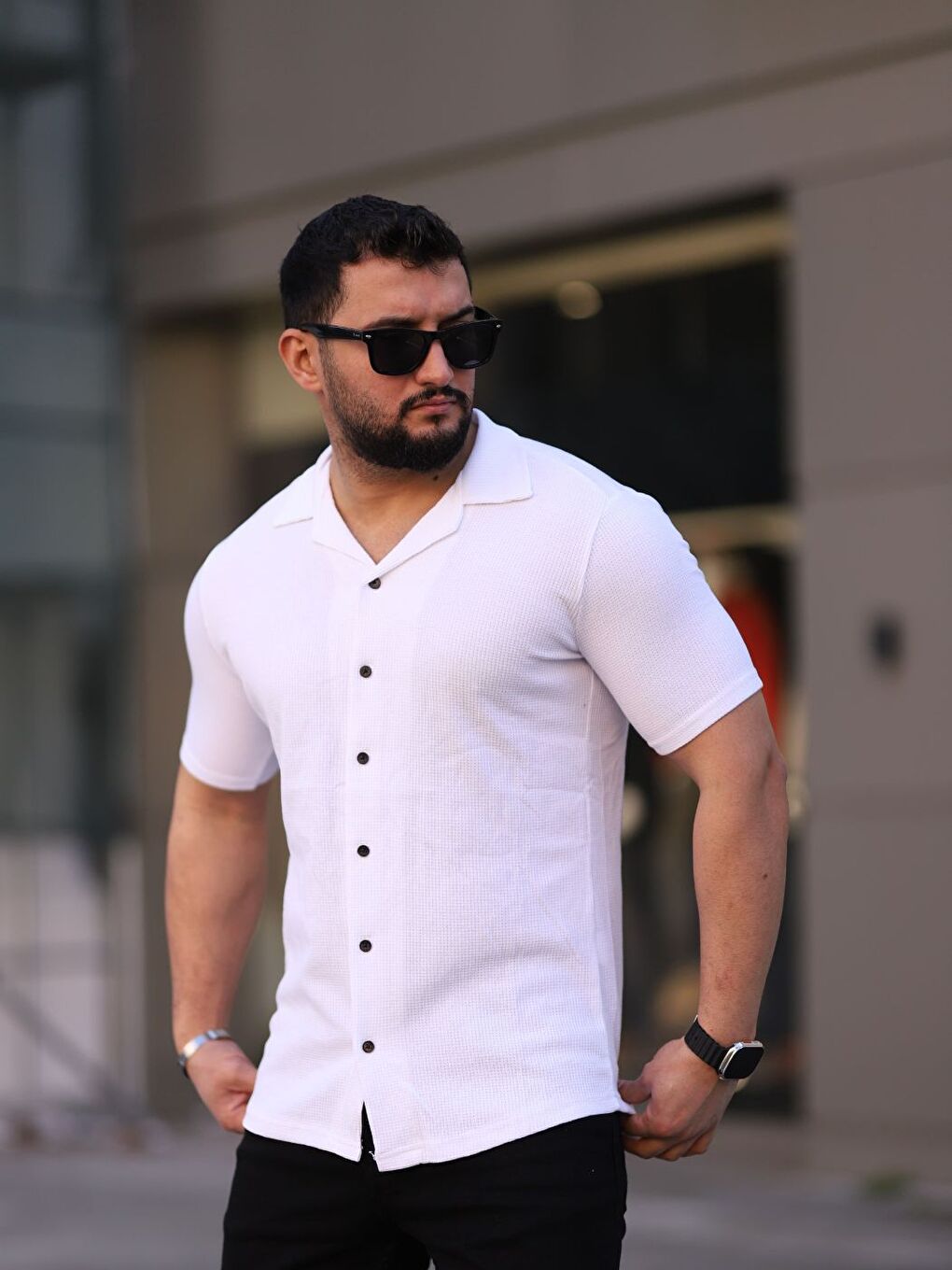 Erkek Beyaz Örme Kısa Kollu Erkek Gömlek