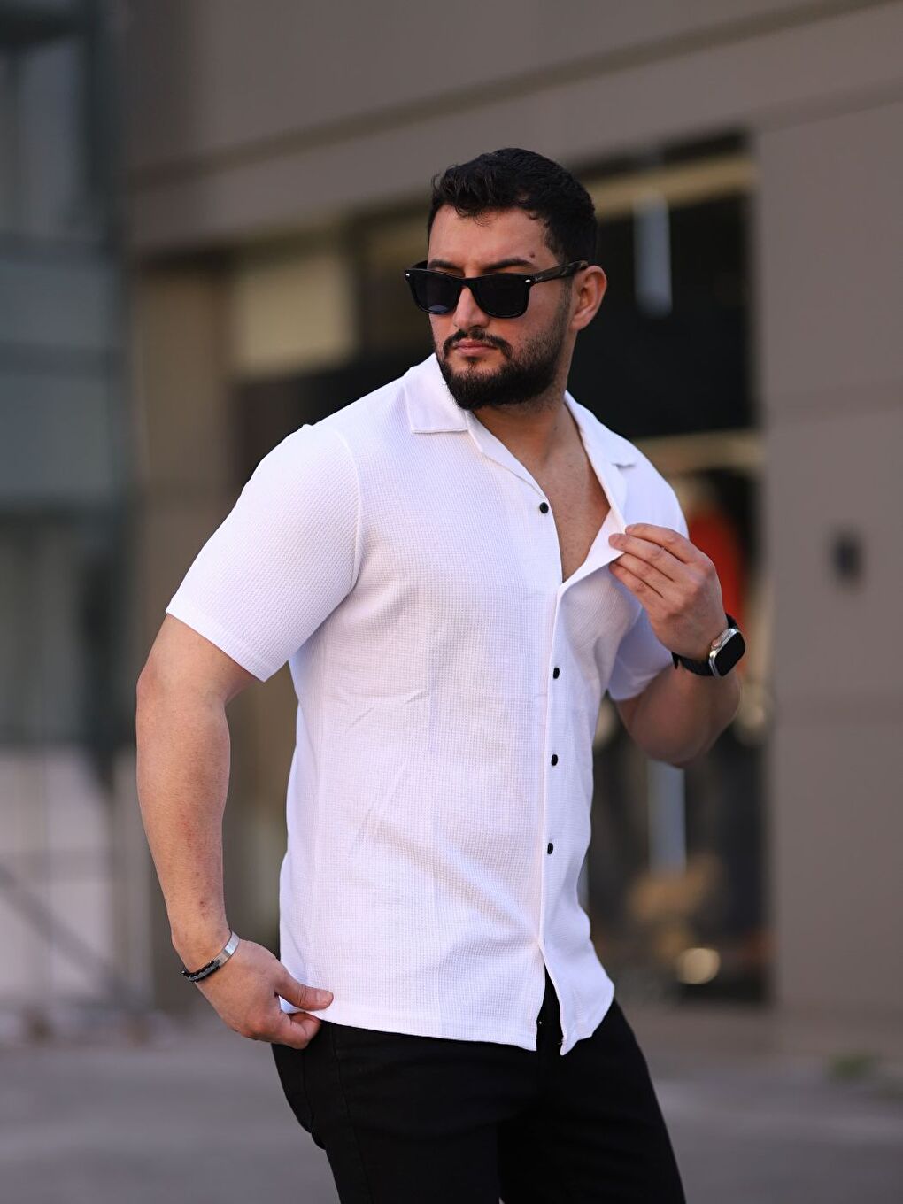 Erkek Beyaz Örme Kısa Kollu Erkek Gömlek-1