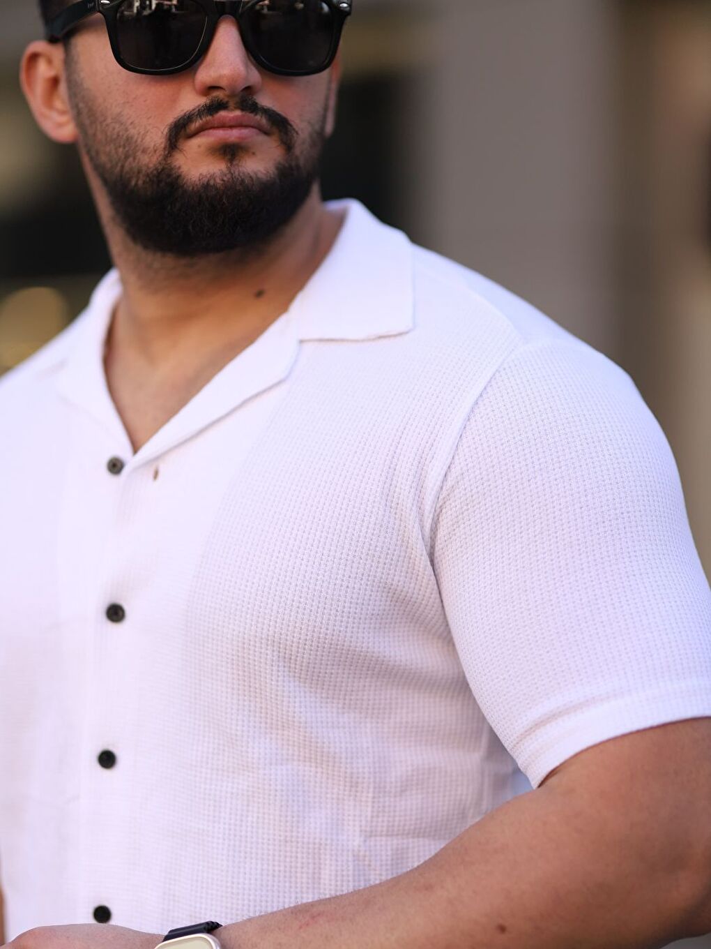 Erkek Beyaz Örme Kısa Kollu Erkek Gömlek-2