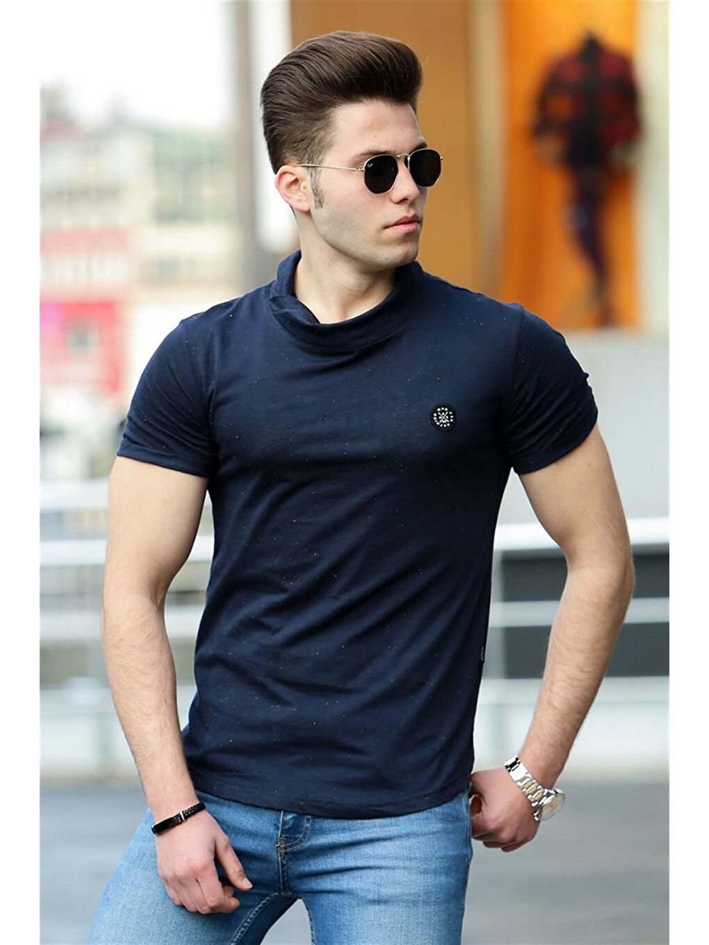 Erkek Şal Yaka Lacivert %100 Pamuk Tişört 4554-1