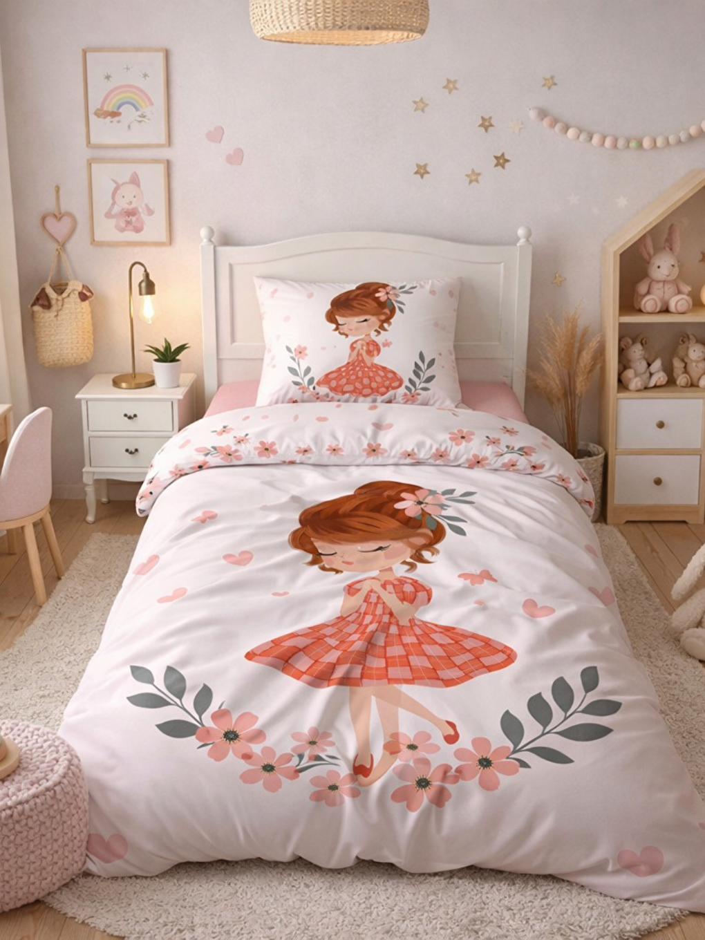 Karışık Çiçekli Kız Desenli Nevresim Takımı ÇARŞAFSIZ - 160x220 cm