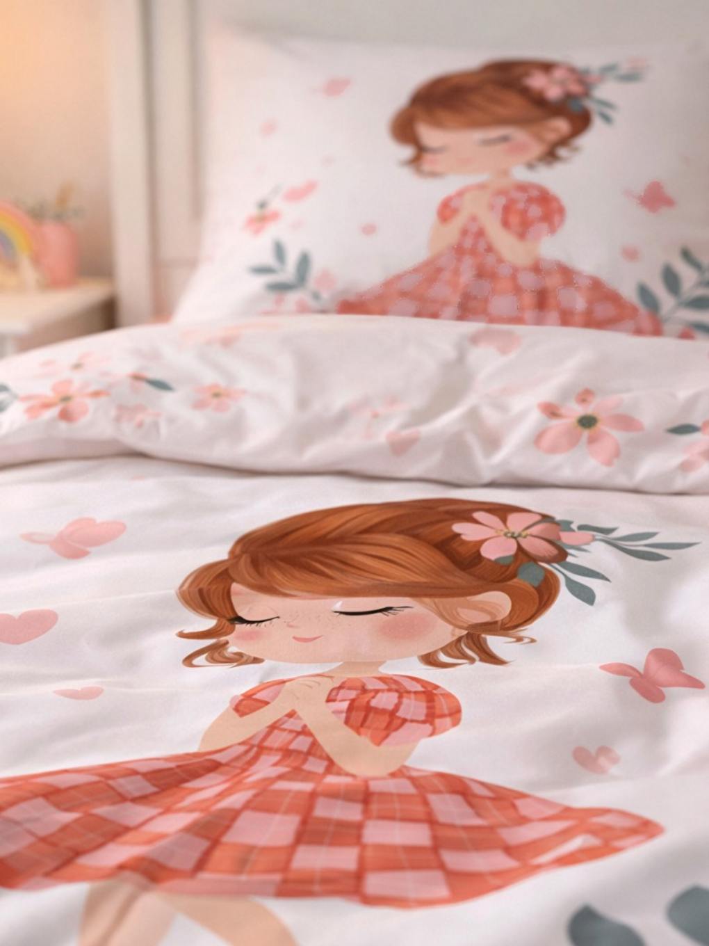 Karışık Çiçekli Kız Desenli Nevresim Takımı ÇARŞAFSIZ - 160x220 cm-1