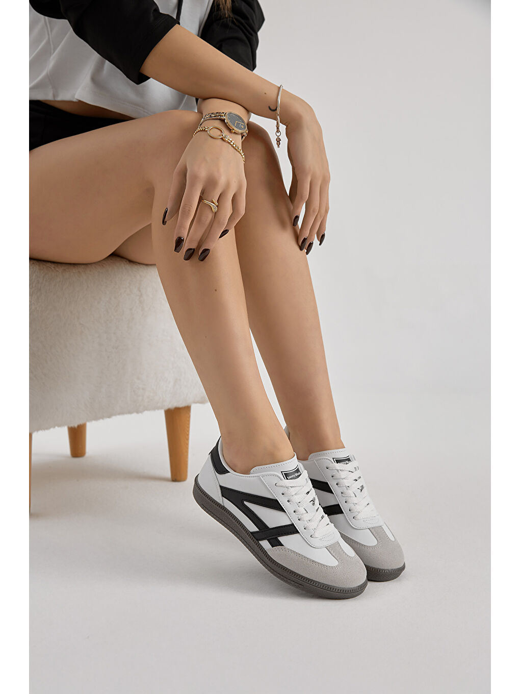 Unisex Beyaz Siyah Termo Taban Yanı Şeritli Bağcıklı Spor Ayakkabı-3