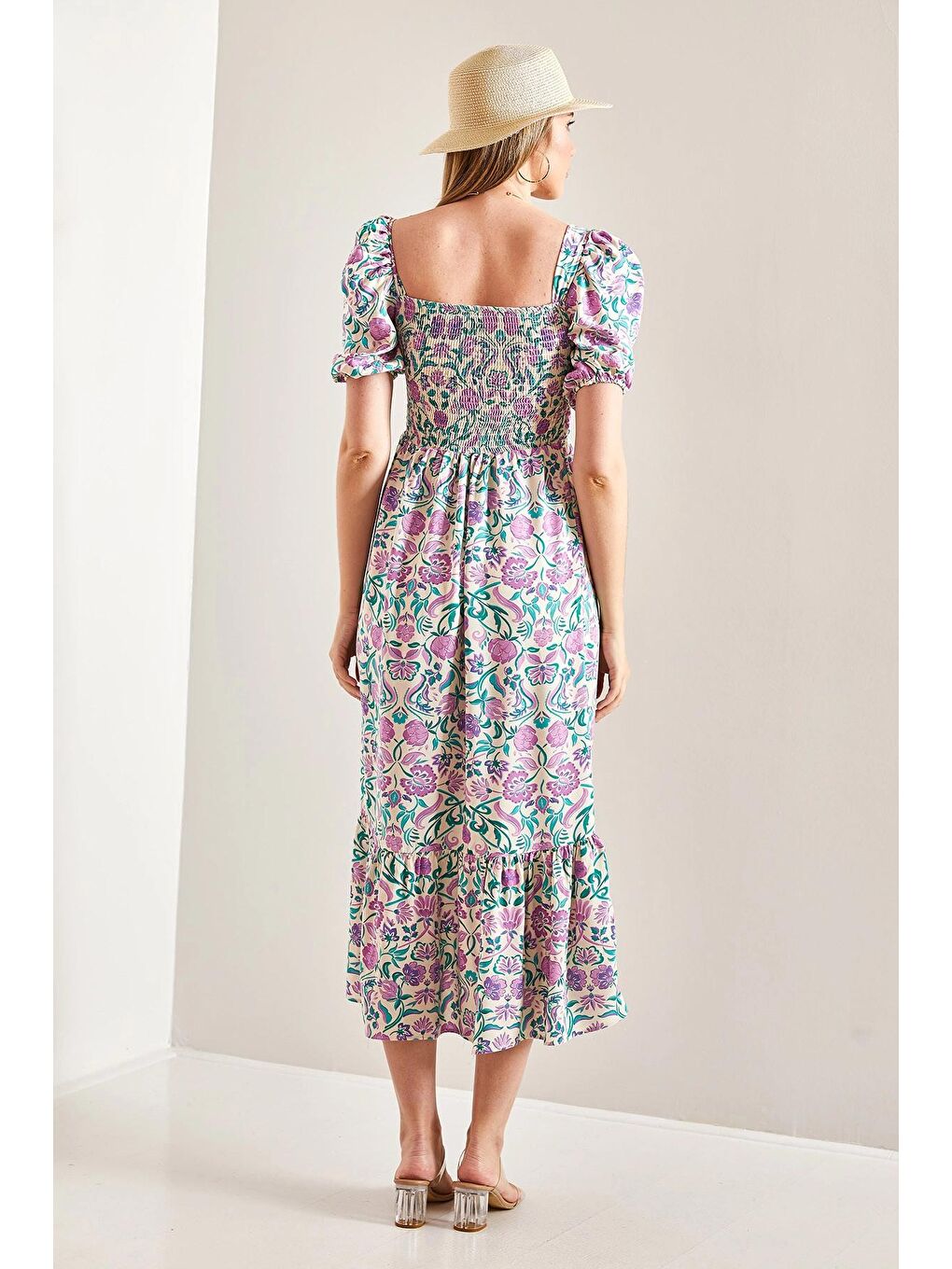 Beyaz kadın Göğsü Gipeli Karpuz Kol Viskon Elbise-1