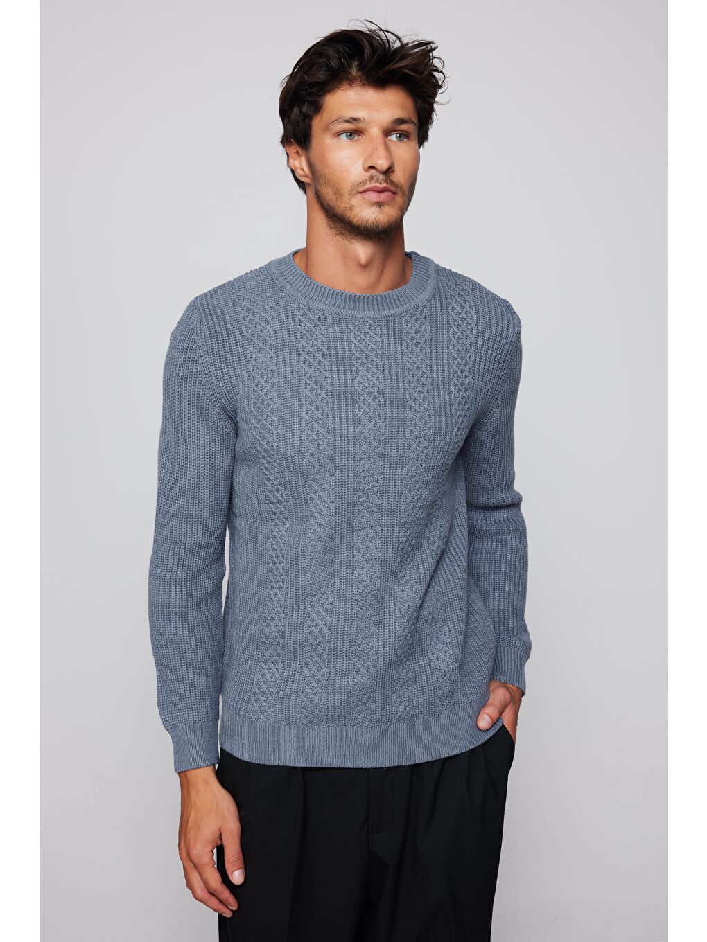 Erkek Slim Fit Bisiklet Yaka Desenli İndigo Kazak