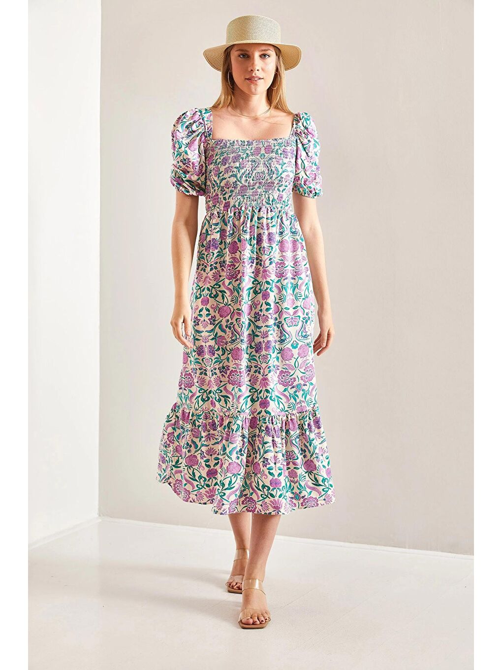 Beyaz kadın Göğsü Gipeli Karpuz Kol Viskon Elbise-2