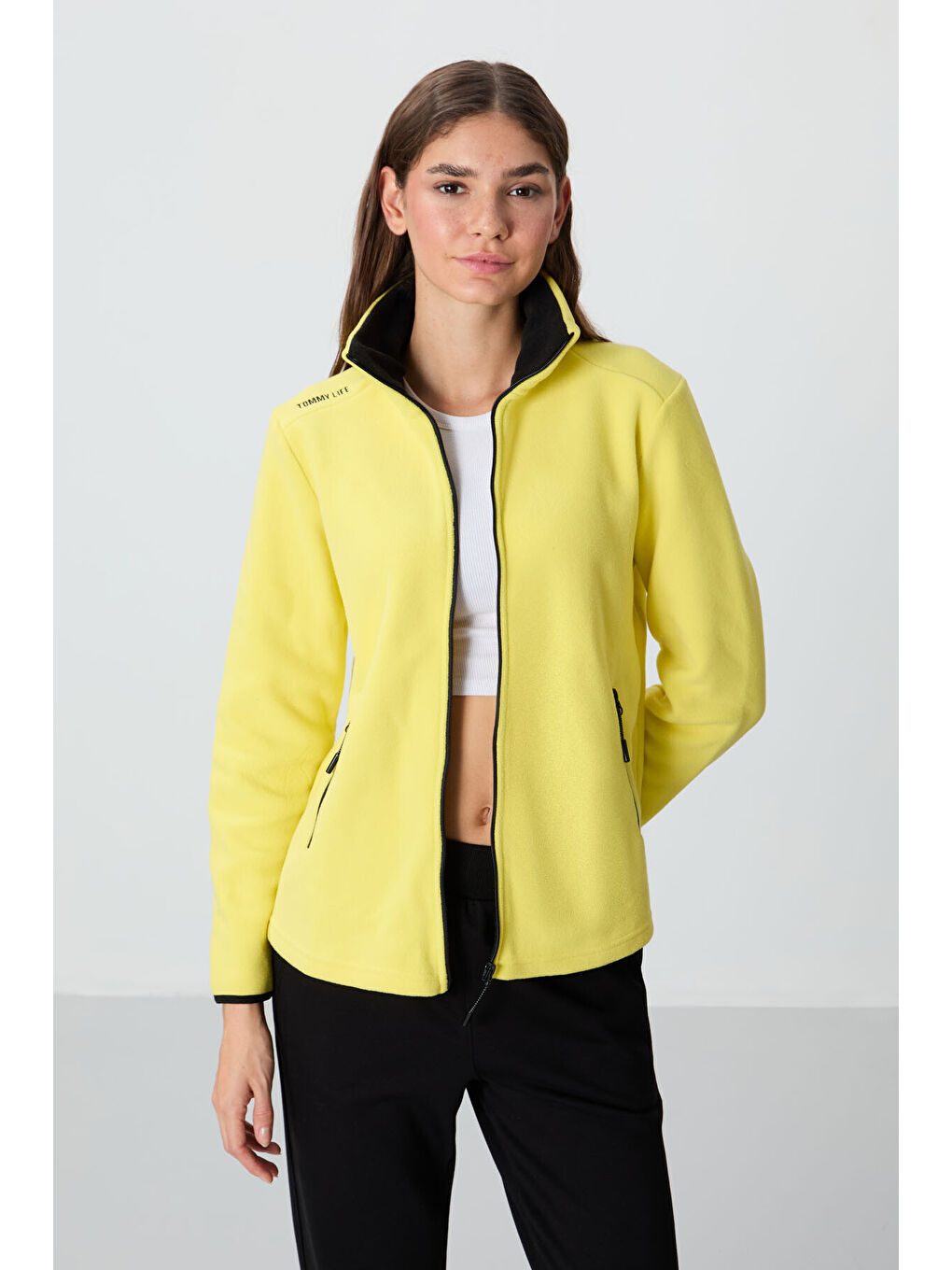 Sarı Limon Dik Yaka Fermuarlı Rahat Form Kadın Polar Sweatshirt - 97173-2