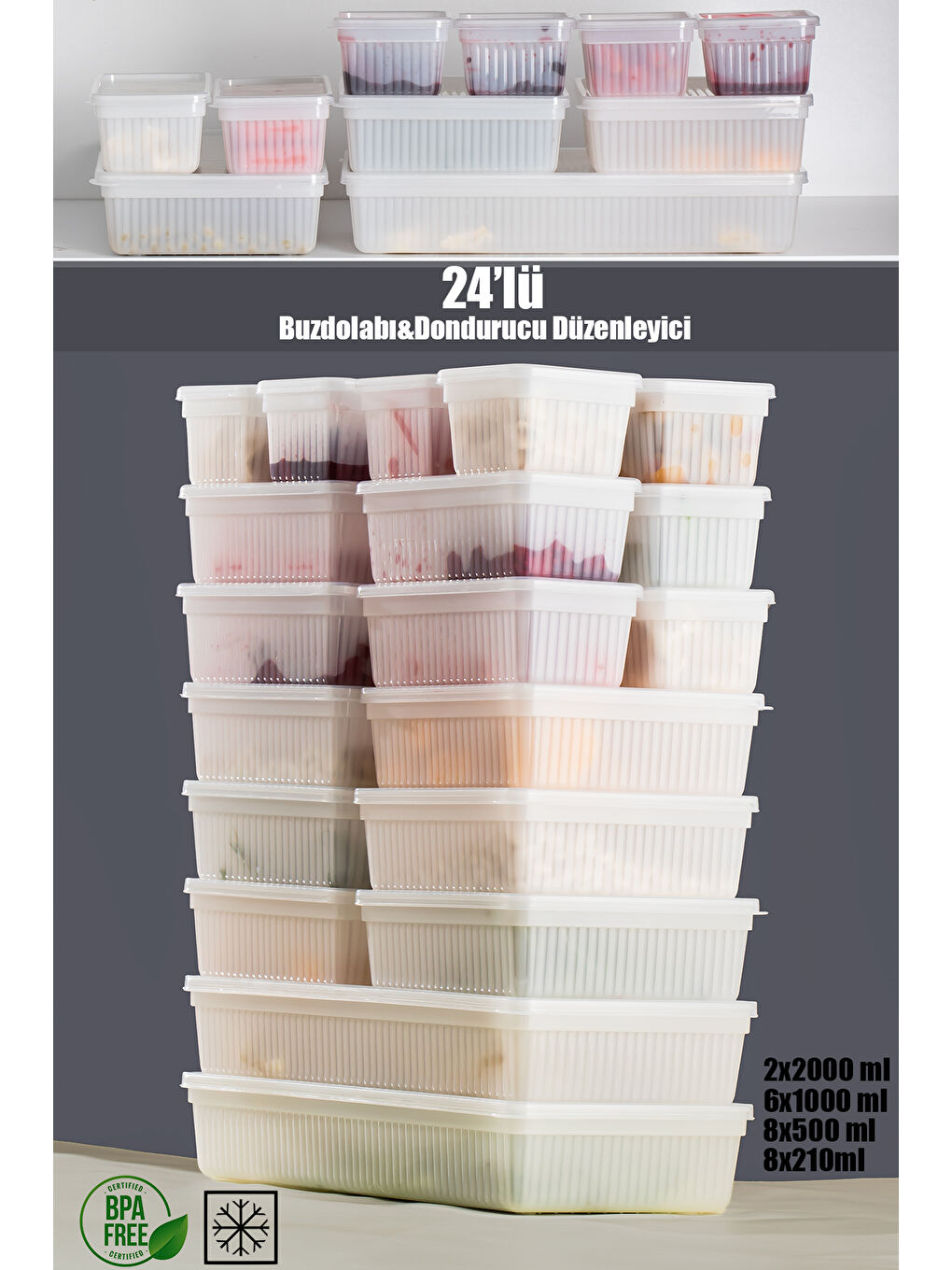 2013 24'lü Buzluk Buzdolabı Düzenleyici Derin Dondurucuya Uygun Bakliyat Saklama Kabı Seti -Beyaz