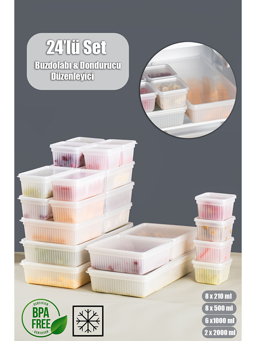 2013 24'lü Buzluk Buzdolabı Düzenleyici Derin Dondurucuya Uygun Bakliyat Saklama Kabı Seti -Beyaz-2