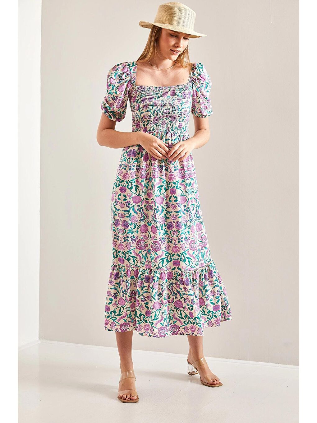 Beyaz kadın Göğsü Gipeli Karpuz Kol Viskon Elbise-4