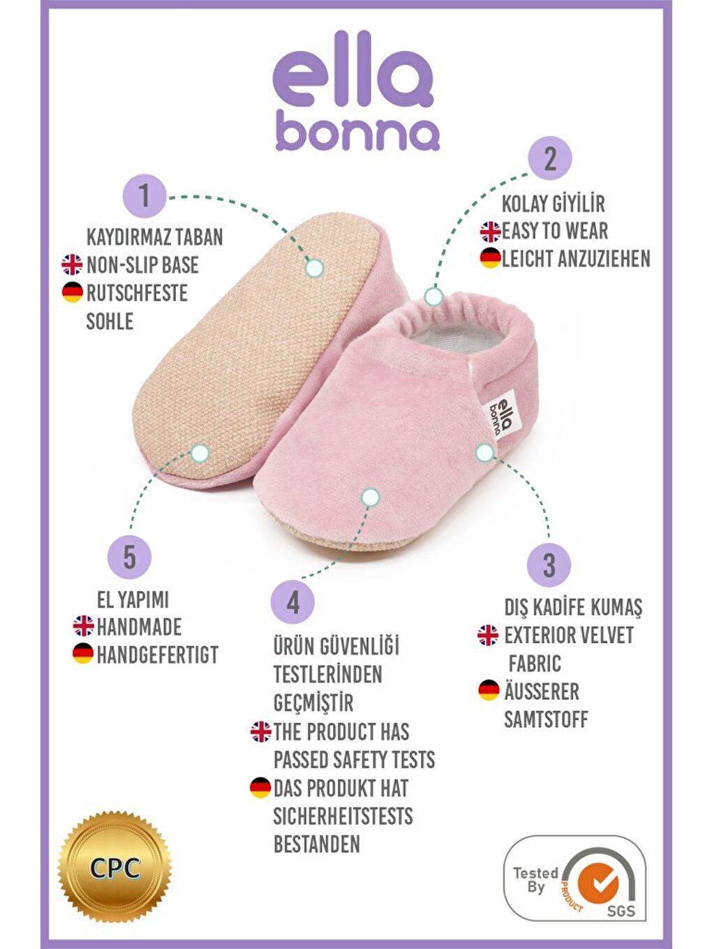 Pembe Kadife Bebek Patiği, Kaydırmaz Taban, Kreş Ayakkabısı Patik-2