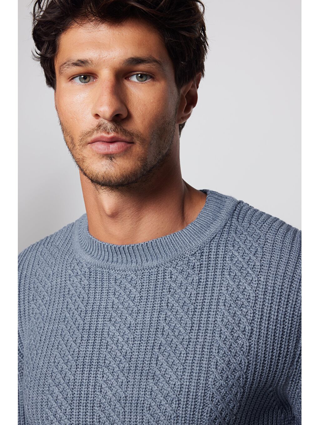 Erkek Slim Fit Bisiklet Yaka Desenli İndigo Kazak-1