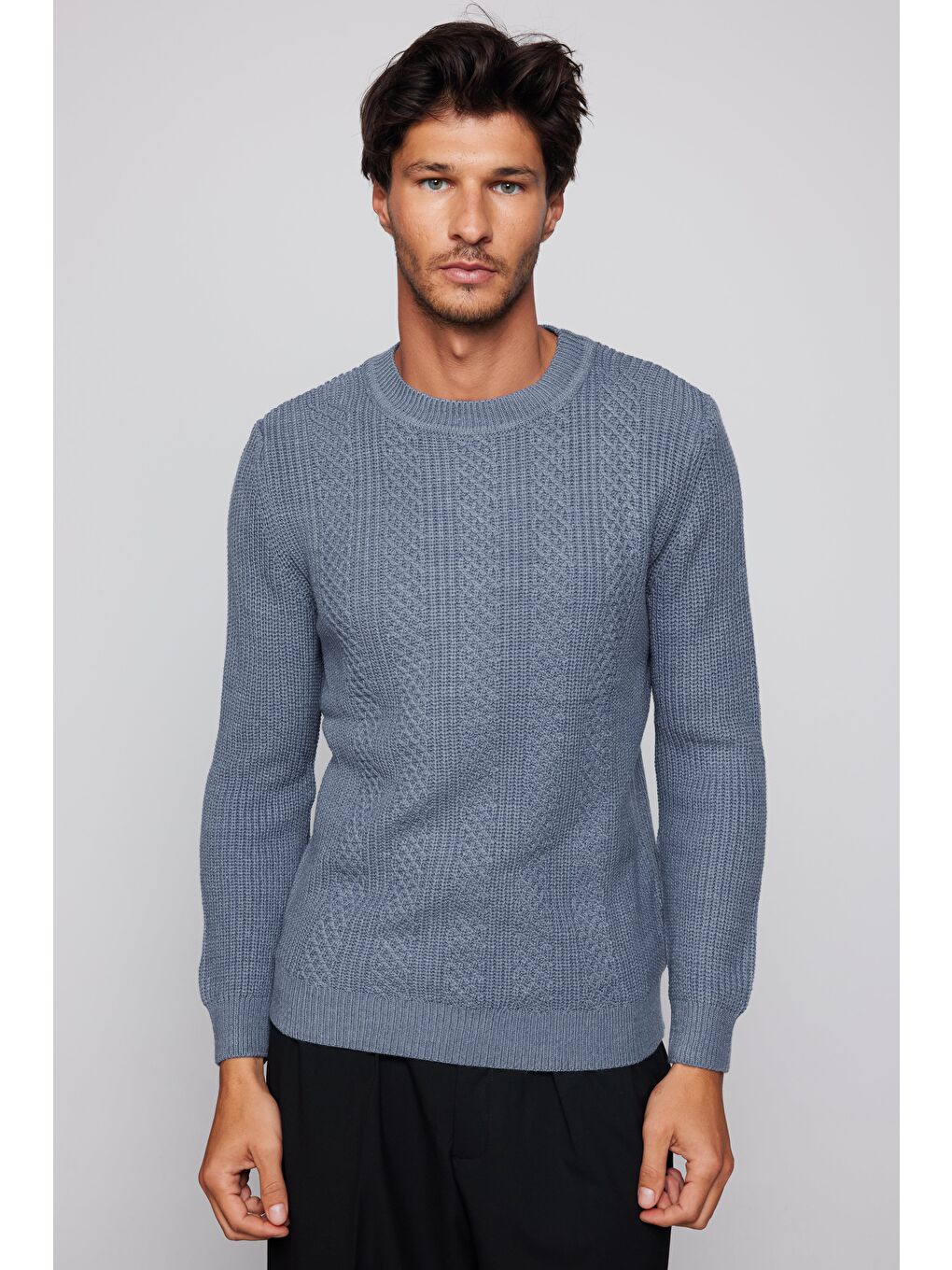 Erkek Slim Fit Bisiklet Yaka Desenli İndigo Kazak-2