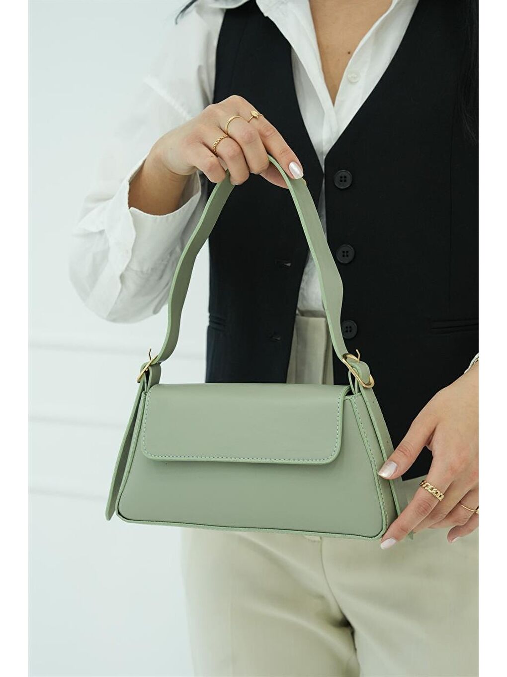 Yeşil Alba Sade Tasarım Kapaklı Kadın Kol Çantası - Mint-4