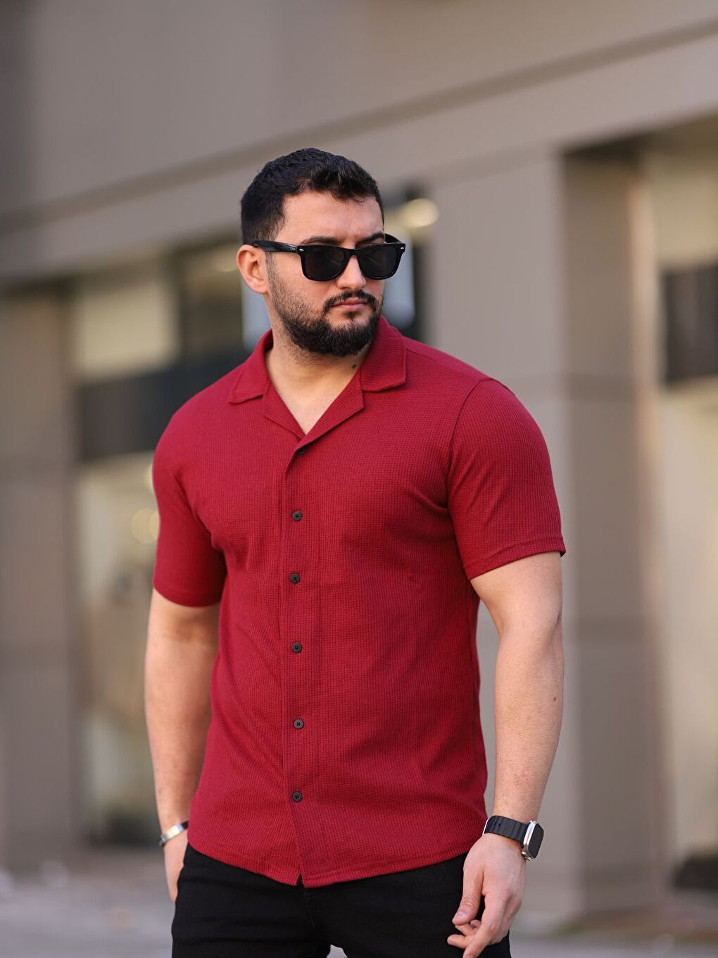 Erkek Bordo Örme Kısa Kollu Erkek Gömlek