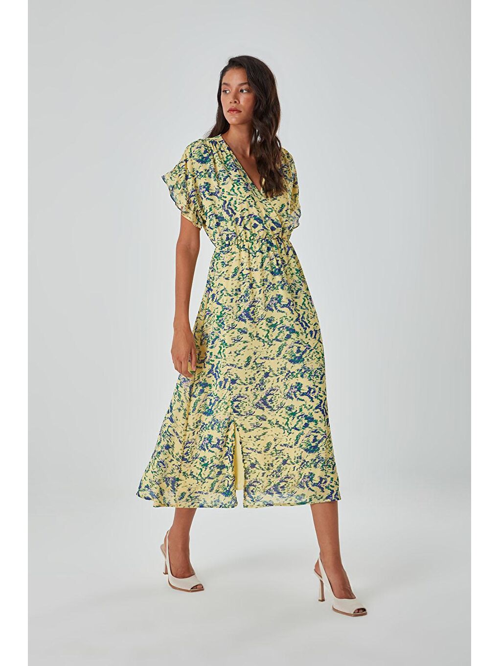 Renkli Desenli Kısa Kol Sarı Elbise