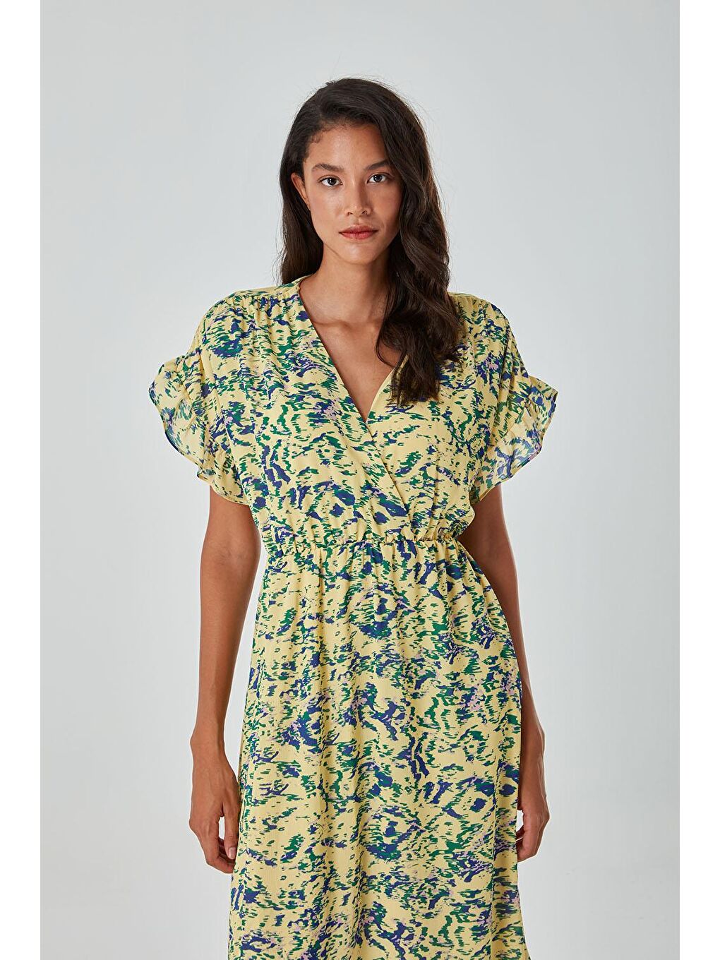 Renkli Desenli Kısa Kol Sarı Elbise-1