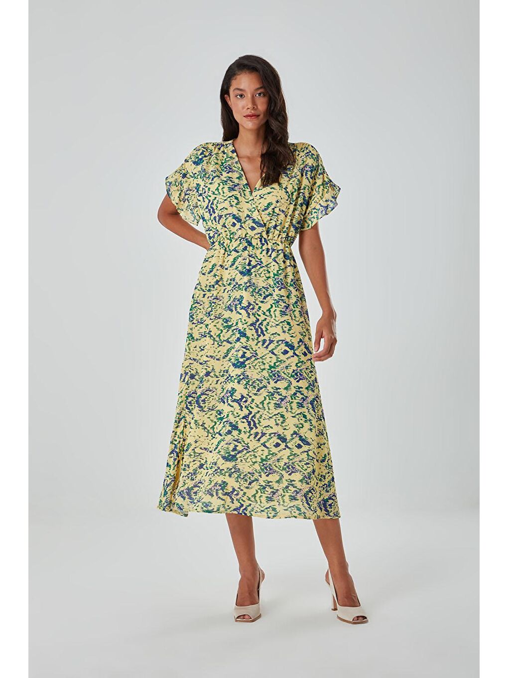 Renkli Desenli Kısa Kol Sarı Elbise-2