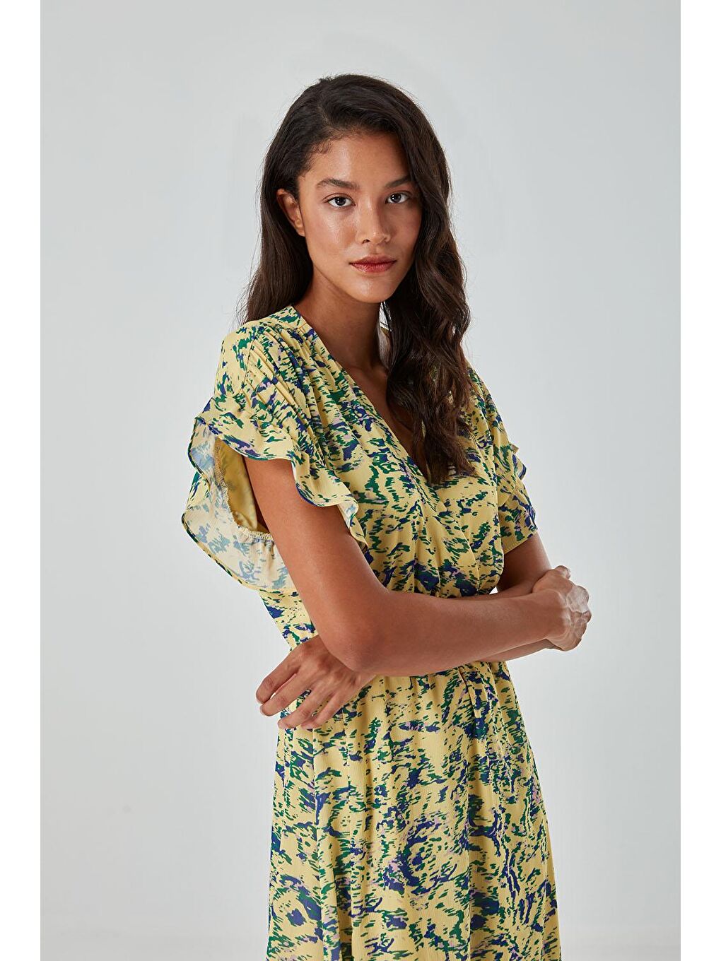 Renkli Desenli Kısa Kol Sarı Elbise-3