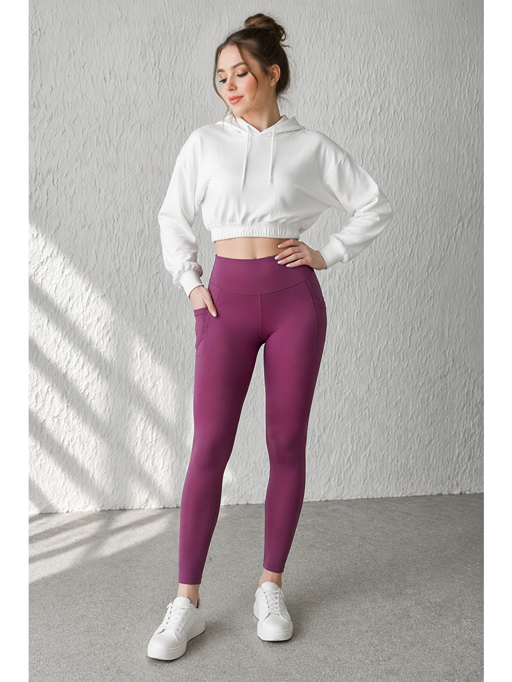 Mor Kadın Cepli Ekstra Yüksek Bel Dalgıç Kumaş Esnek Spor Rahat Günlük Tayt