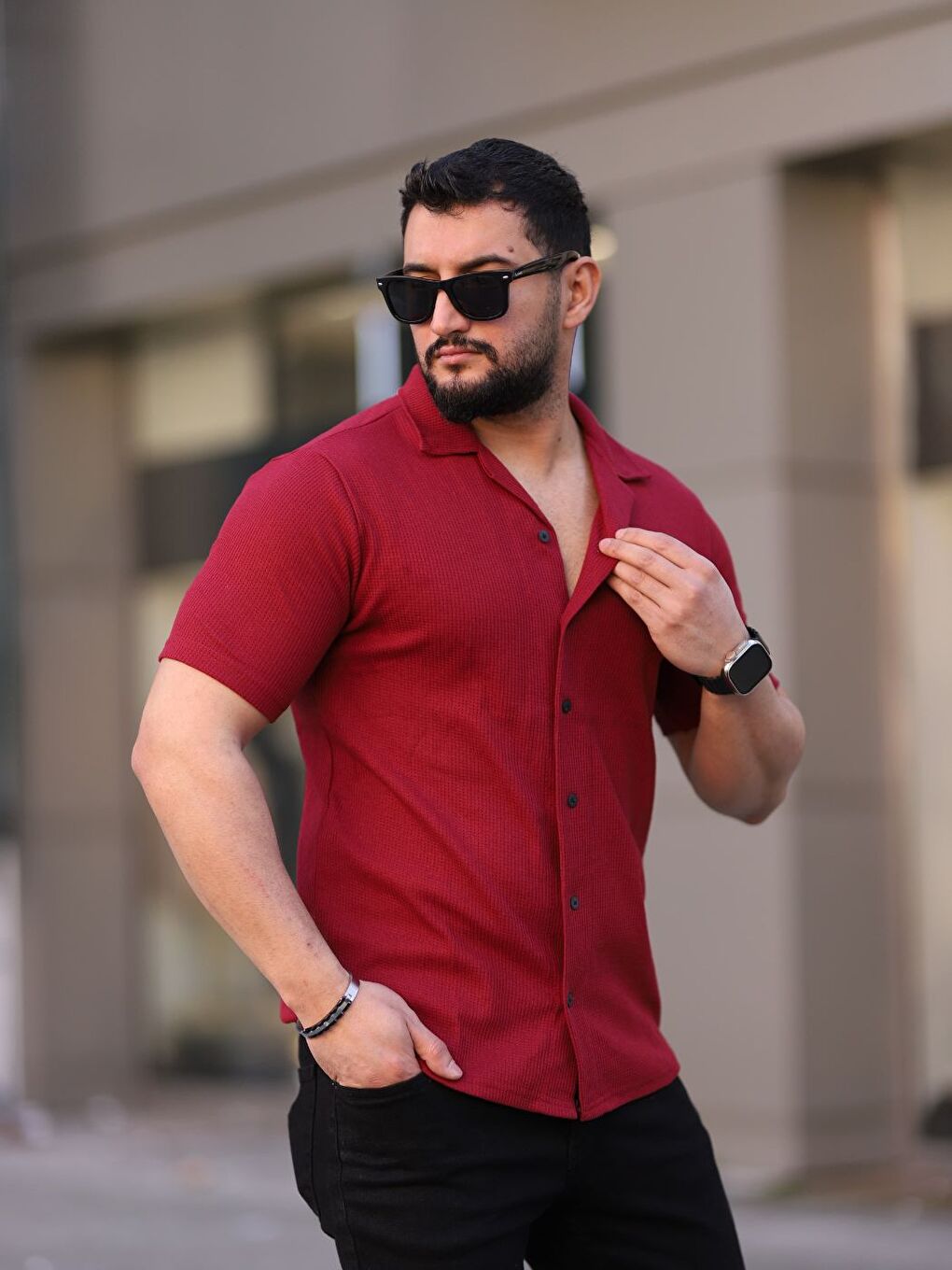 Erkek Bordo Örme Kısa Kollu Erkek Gömlek-1