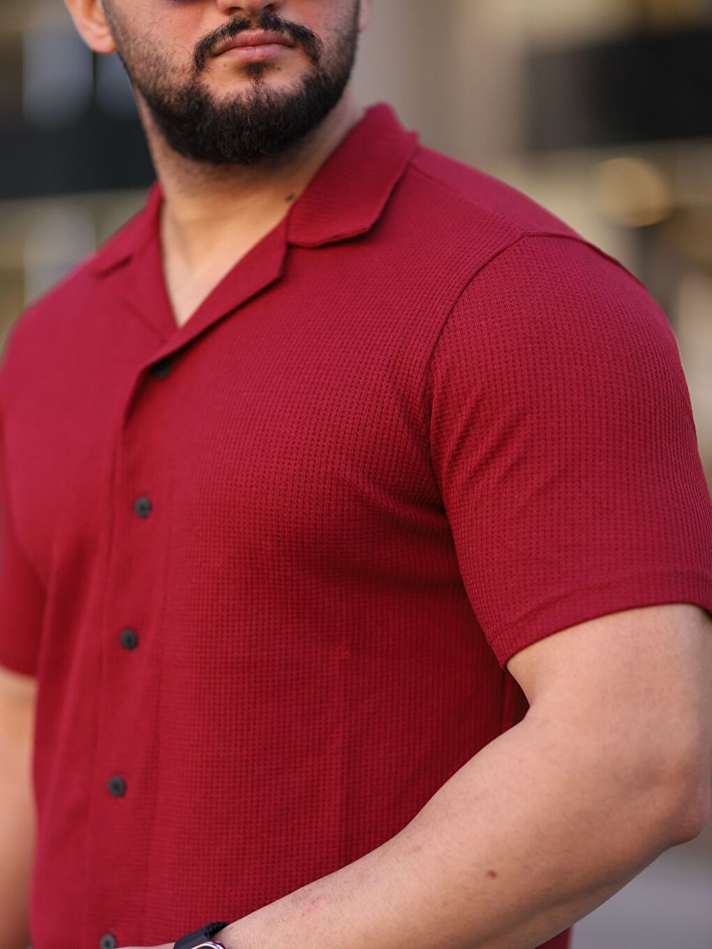 Erkek Bordo Örme Kısa Kollu Erkek Gömlek-2