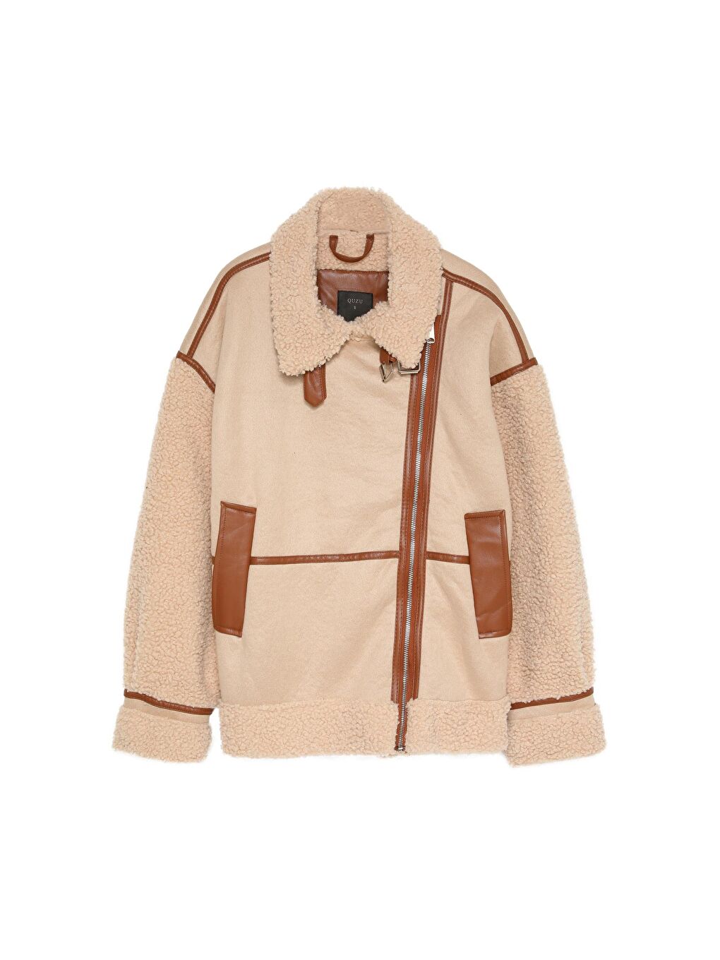 Kolları Peluş Detaylı Kaşe Kısa Kaban Bej-1