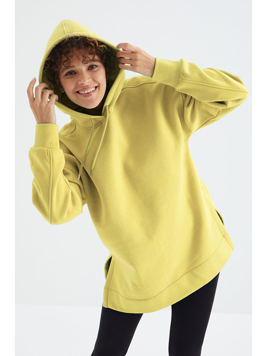 Sarı Limon Reglan Kol Basic Kapüşonlu Oversize Tunik - 97242