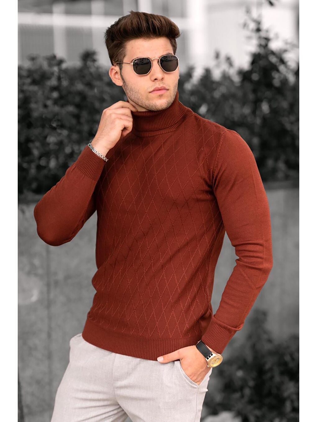 Kahverengi Kiremit Balıkçı Yaka Kazak 4658