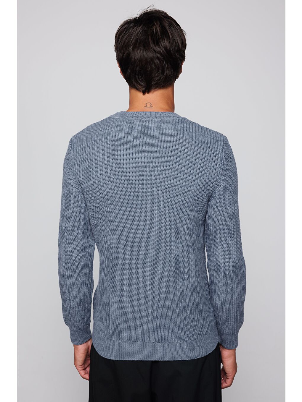 Erkek Slim Fit Bisiklet Yaka Desenli İndigo Kazak-4