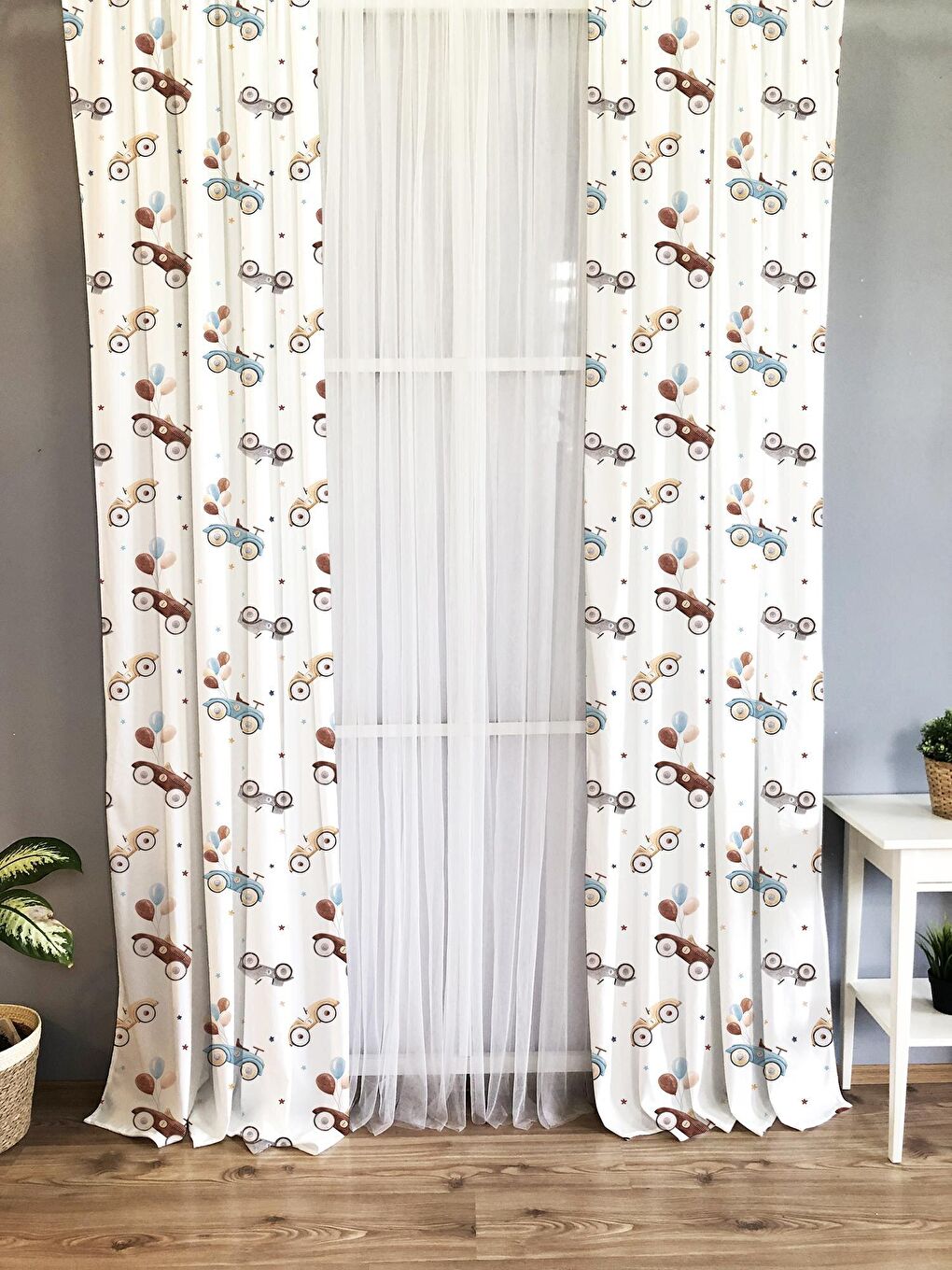 Karışık Antika Araba Desenli Çocuk Ve Bebek Odası TEK KANAT Fon Perde