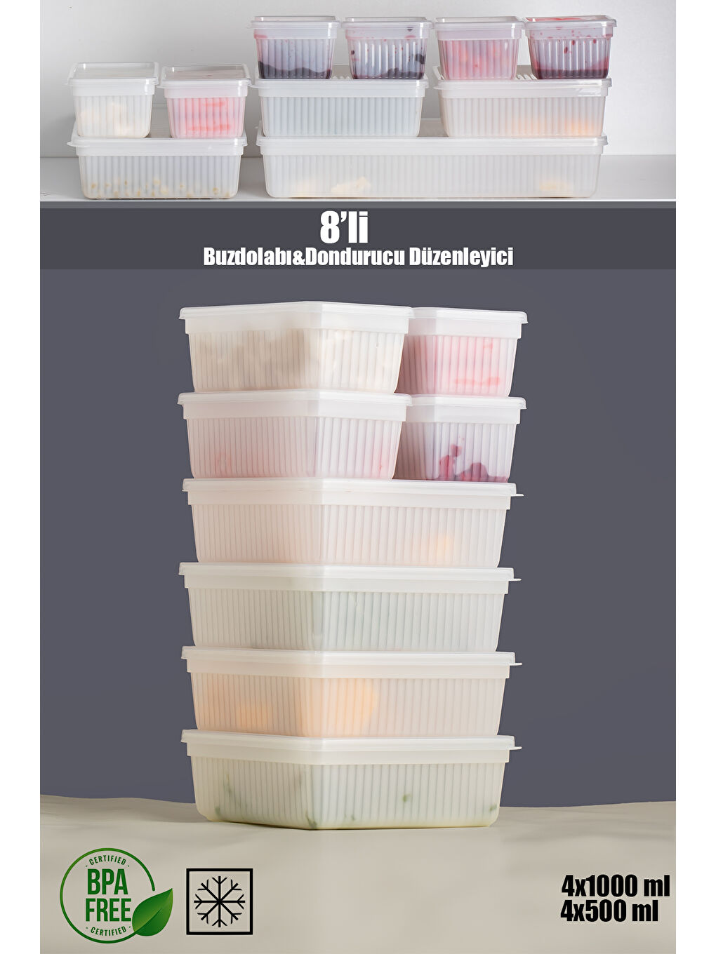 2011 8'li Buzluk Buzdolabı Düzenleyici Derin Dondurucuya Uygun Bakliyat Saklama Kabı Seti -Beyaz